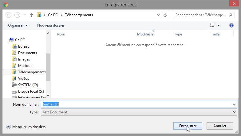 enregistrer fichier hachages