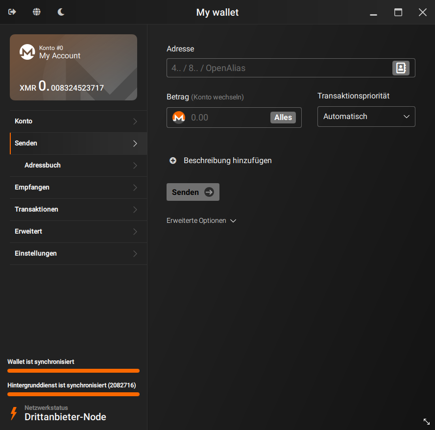 A screenshot of the Monero GUI wallet. It shows the wallet's balance and a navigation menu on the left, and a form for sending XMR on the right.