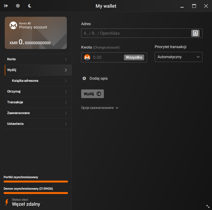 A screenshot of the Monero GUI wallet. It shows the wallet's balance and a navigation menu on the left, and a form for sending XMR on the right.